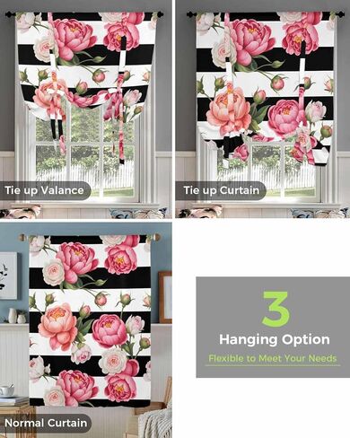 Tie Up Curtains for Windows Country Pink Flowers Rod Pocket Window Shade Adjustable Balloon Curtain Valance Floral Black White Striped for Bedroom Kitchen Bathroom Blinds,42x45In in Saudi Arabia