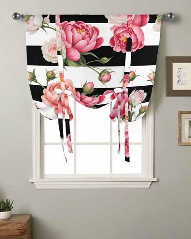 Tie Up Curtains for Windows Country Pink Flowers Rod Pocket Window Shade Adjustable Balloon Curtain Valance Floral Black White Striped for Bedroom Kitchen Bathroom Blinds,42x45In in Saudi Arabia