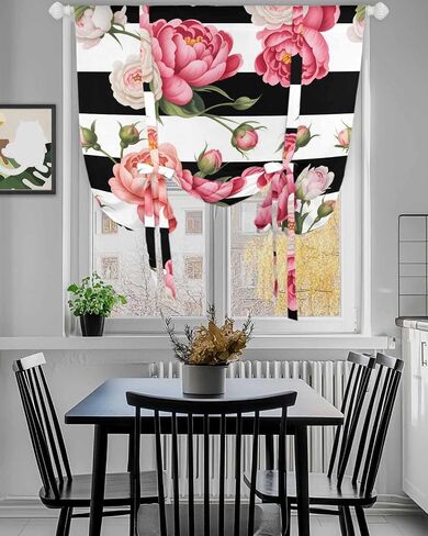 Tie Up Curtains for Windows Country Pink Flowers Rod Pocket Window Shade Adjustable Balloon Curtain Valance Floral Black White Striped for Bedroom Kitchen Bathroom Blinds,42x45In in Saudi Arabia