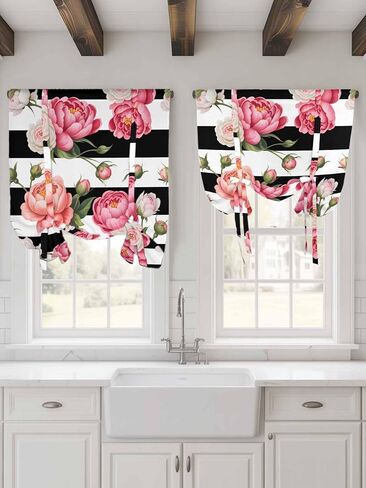 Tie Up Curtains for Windows Country Pink Flowers Rod Pocket Window Shade Adjustable Balloon Curtain Valance Floral Black White Striped for Bedroom Kitchen Bathroom Blinds,42x45In in Saudi Arabia