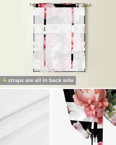 Tie Up Curtains for Windows Country Pink Flowers Rod Pocket Window Shade Adjustable Balloon Curtain Valance Floral Black White Striped for Bedroom Kitchen Bathroom Blinds,42x45In in Saudi Arabia
