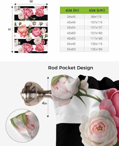 Tie Up Curtains for Windows Country Pink Flowers Rod Pocket Window Shade Adjustable Balloon Curtain Valance Floral Black White Striped for Bedroom Kitchen Bathroom Blinds,42x45In in Saudi Arabia
