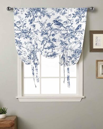 Vintage Blue Birds Tie Up Curtains for Windows 63 Inch Length Balloon Curtains Kitchen Adjustable Balloon Window Shade Retro Branch Floral Flowers Tie Up Valance Bathroom Curtain Window 52"x63" in Saudi Arabia