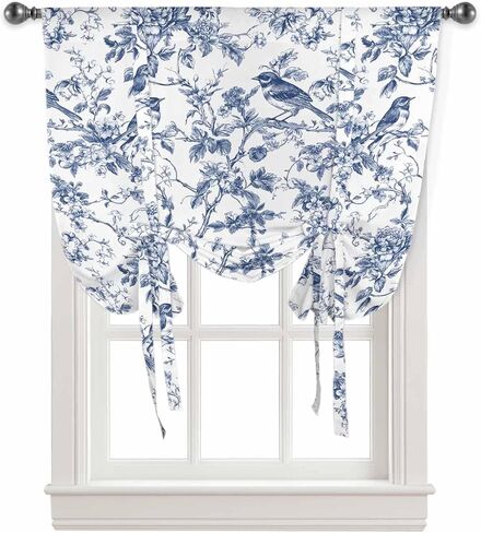 Vintage Blue Birds Tie Up Curtains for Windows 63 Inch Length Balloon Curtains Kitchen Adjustable Balloon Window Shade Retro Branch Floral Flowers Tie Up Valance Bathroom Curtain Window 52"x63" in Saudi Arabia