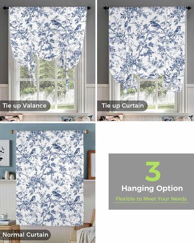 Vintage Blue Birds Tie Up Curtains for Windows 63 Inch Length Balloon Curtains Kitchen Adjustable Balloon Window Shade Retro Branch Floral Flowers Tie Up Valance Bathroom Curtain Window 52"x63" in Saudi Arabia