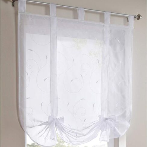 Sheer Voile Embroidered Vine Plant Tab Top Rod Pocket Window Shades Kitchen Small Curtain Tie Up Adjustable Balloon Roman Tieback Drape for Cafe, 23" x 55", White in Saudi Arabia