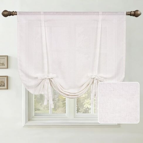 Showgeous Linen Blackout Tie Up Curtains Linen Textured Adjustable Balloon Curtains Thermal Insulated Balloon Shade for Bathroom Kitchen Rod Pocket Panel for Small Window(42" W x 63" L,Angora) in Saudi Arabia