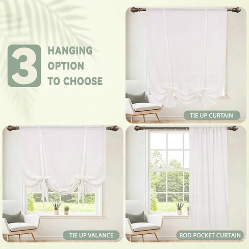 Showgeous Linen Blackout Tie Up Curtains Linen Textured Adjustable Balloon Curtains Thermal Insulated Balloon Shade for Bathroom Kitchen Rod Pocket Panel for Small Window(42" W x 63" L,Angora) in Saudi Arabia