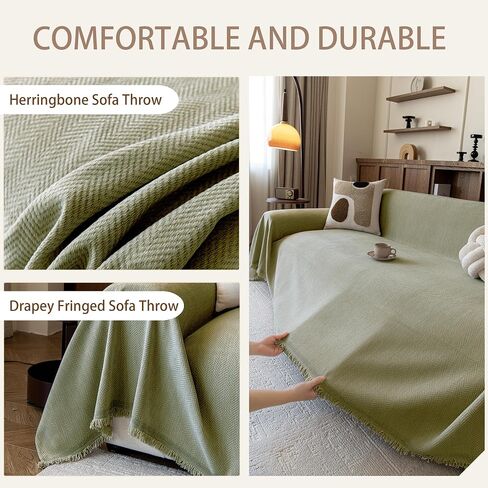 Couch Covers for Dogs 3 Cushion, Loveseat Slipcovers Washable, Pet L Shape Sectional Couch Protector, Boho Sofa Blanket Cover, Herringbone Chenille, Green, 71"x118" in Saudi Arabia