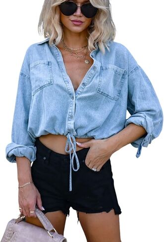 Kwoki Women's Cropped Denim Shirt Casual Oversized Button Down Jean Tops | Roll Up 3/4 Sleeve, Casual Loose Crop Tops, Adjustable Drawstring Hem, Button Front, Crop Jean Jacket,Lightweight denim top in Kuwait