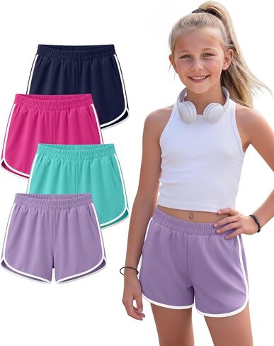 4 Pack Girls' Athletic Shorts Running Dolphin Shorts Casual Gym Workout SweatShorts for Kids Teens in Kuwait