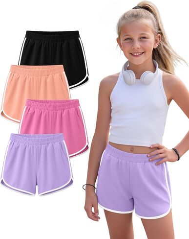 4 Pack Girls' Athletic Shorts Running Dolphin Shorts Casual Gym Workout SweatShorts for Kids Teens in Saudi Arabia