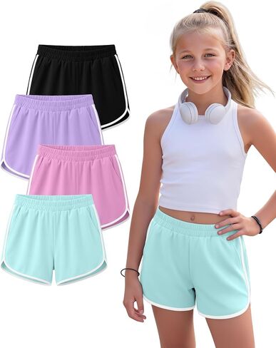 4 Pack Girls' Athletic Shorts Running Dolphin Shorts Casual Gym Workout SweatShorts for Kids Teens in Saudi Arabia