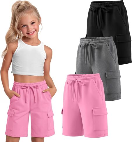 Oakgarden 3 Pack Girls Bermuda Shorts Wide Leg Cargo Shorts Loose Athletic Casual SweatShorts with 4 Pockets 5-16 Years in Kuwait
