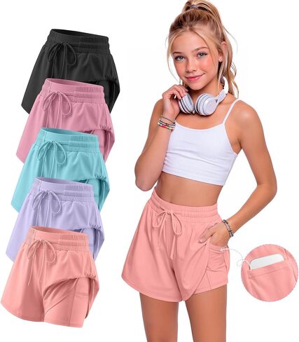 5 Pack Girls 2 in 1 Shorts Kids Athletic Quick Dry High Waist Active Running Shorts with Pockets & Drawstring in Kuwait