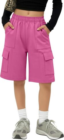 Yooo's Vivi Girls Bermuda Cargo Shorts Kids Athletic Knee Length Baggy Long Shorts with Pockets Summer for 5-14 Years in Kuwait