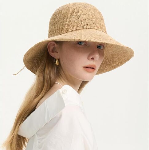 Women's Raffia Straw Hat Summer Beach Bucket Hat Handmade Natural Raffia Woven Sun Hats Foldable Floppy Cap in Saudi Arabia