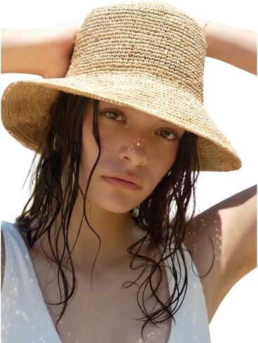 KORADI Women Raffia Beach Hat Natural Raffia Straw Bucket Hat Handwoven Foldable Sun Hats Wide Brim Summer Travel Cap in Kuwait