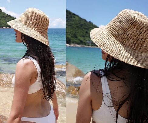 KORADI Women Raffia Beach Hat Natural Raffia Straw Bucket Hat Handwoven Foldable Sun Hats Wide Brim Summer Travel Cap in Kuwait