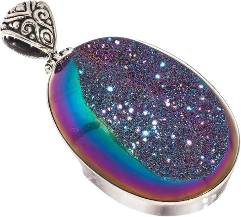 FifiRose 925 Silver Oval Sparkling Rainbow Titanium Agate Druzy Drusy Pendant, 1 3/4" p83155 in Kuwait