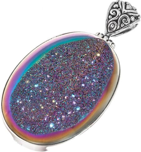 FifiRose 925 Silver Oval Sparkling Rainbow Titanium Agate Druzy Drusy Pendant, 1 3/4" p83155 in Kuwait