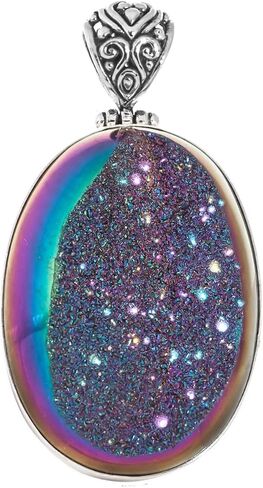 FifiRose 925 Silver Oval Sparkling Rainbow Titanium Agate Druzy Drusy Pendant, 1 3/4" p83155 in Kuwait
