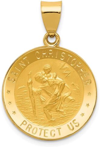 Solid 14k Yellow Gold Polished and Satin St. Christopher Medal Pendant (21mm Height x 19mm Width) in Kuwait