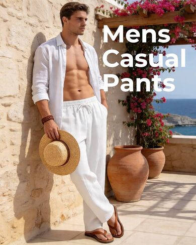 Men's Casual Pants Elastic Waist with Drawstring Loose Fit Beach Summer Trousers for Travel and Lounge Wear in Kuwait
