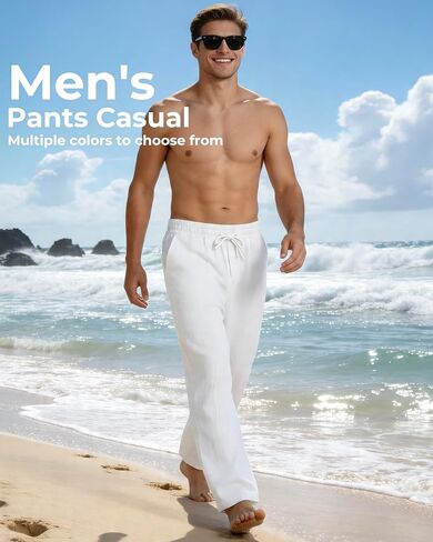 Men's Casual Pants Elastic Waist with Drawstring Loose Fit Beach Summer Trousers for Travel and Lounge Wear in Kuwait