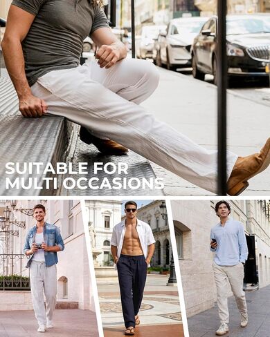 Men's Casual Pants Elastic Waist with Drawstring Loose Fit Beach Summer Trousers for Travel and Lounge Wear in Kuwait