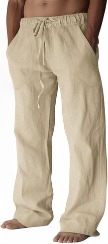 ZARLAN Breathable Men's Cotton Linen Pants Casual Lightweight Summer Beach Elastic Drawstring Waist Trousers in Saudi Arabia