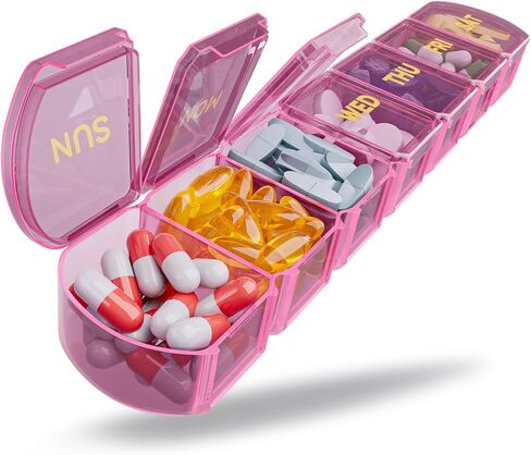 Large Pill Organizer Weekly - SHIJOINYU 7 Day Pill Box with Easy-Open Design, Daily Medicine Pill Organizer for Vitamins, Supplements, Fish Oils and Medications - Pink in Kuwait