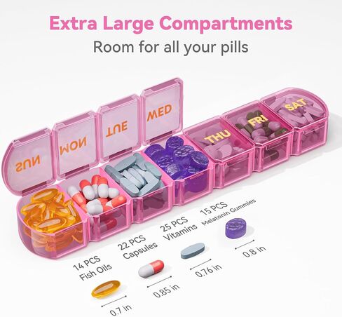 Large Pill Organizer Weekly - SHIJOINYU 7 Day Pill Box with Easy-Open Design, Daily Medicine Pill Organizer for Vitamins, Supplements, Fish Oils and Medications - Pink in Kuwait
