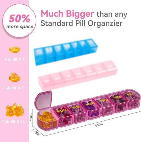 Large Pill Organizer Weekly - SHIJOINYU 7 Day Pill Box with Easy-Open Design, Daily Medicine Pill Organizer for Vitamins, Supplements, Fish Oils and Medications - Pink in Kuwait