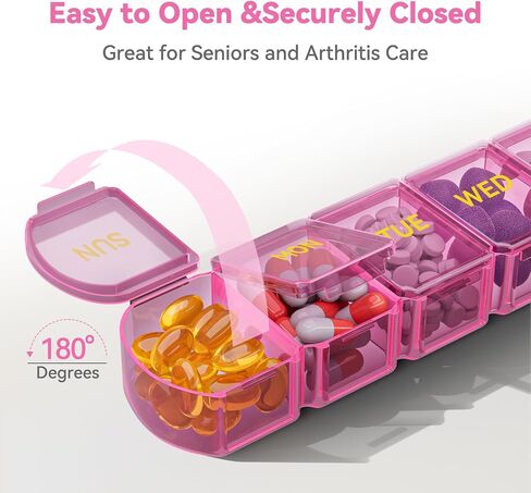 Large Pill Organizer Weekly - SHIJOINYU 7 Day Pill Box with Easy-Open Design, Daily Medicine Pill Organizer for Vitamins, Supplements, Fish Oils and Medications - Pink in Kuwait