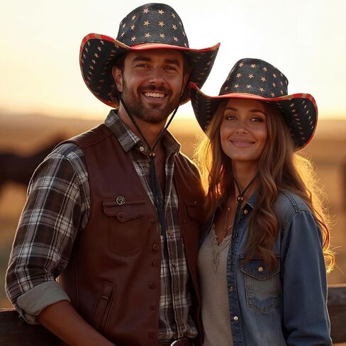 Chicingyou 6 عبوات من قبعات رعاة البقر ذات العلم الأمريكي في الرابع من يوليو، قبعات الذكرى السنوية الـ 250، قبعات عتيقة ملطخة بالشاي صغيرة مقاس 21 بوصة مع أشرطة للذقن، نمط غربي وطني لحفلة يوم الاستقلال in Kuwait