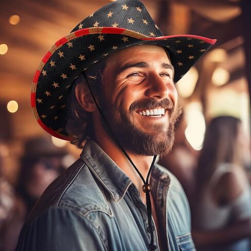 Chicingyou 6 عبوات من قبعات رعاة البقر ذات العلم الأمريكي في الرابع من يوليو، قبعات الذكرى السنوية الـ 250، قبعات عتيقة ملطخة بالشاي صغيرة مقاس 21 بوصة مع أشرطة للذقن، نمط غربي وطني لحفلة يوم الاستقلال in Kuwait