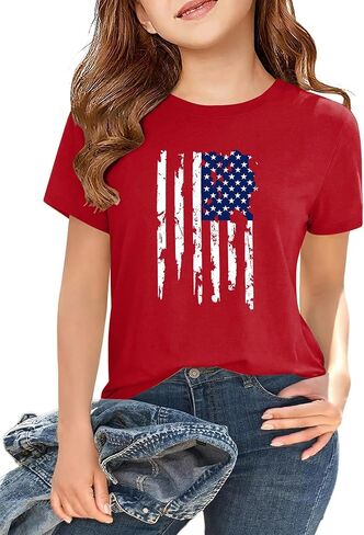 Boys Girls 4th of July Shirt Cotton Kids Red White and Blue USA American Flag Shirt Comfortable Patriotic Tops 2-12 Years in Saudi Arabia