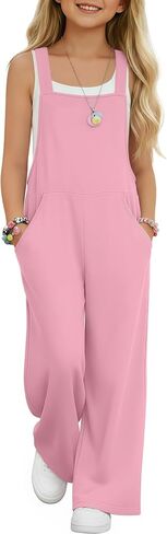 Girls Overall Jumpsuit Straight Leg Sleeveless Knit Pants for 5-14 Years Kids Casual Basic Rompers with Pockets in Saudi Arabia