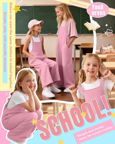 Girls Overall Jumpsuit Straight Leg Sleeveless Knit Pants for 5-14 Years Kids Casual Basic Rompers with Pockets in Saudi Arabia