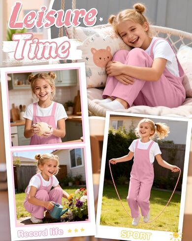 Girls Overall Jumpsuit Straight Leg Sleeveless Knit Pants for 5-14 Years Kids Casual Basic Rompers with Pockets in Saudi Arabia