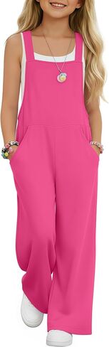 Girls Overall Jumpsuit Straight Leg Sleeveless Knit Pants for 5-14 Years Kids Casual Basic Rompers with Pockets in Saudi Arabia