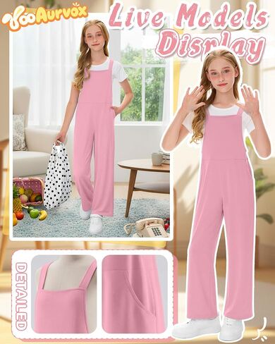 Girls Overall Jumpsuit Straight Leg Sleeveless Knit Pants for 5-14 Years Kids Casual Basic Rompers with Pockets in Saudi Arabia