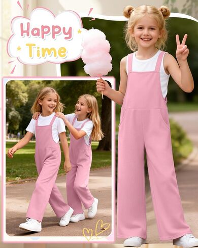 Girls Overall Jumpsuit Straight Leg Sleeveless Knit Pants for 5-14 Years Kids Casual Basic Rompers with Pockets in Saudi Arabia