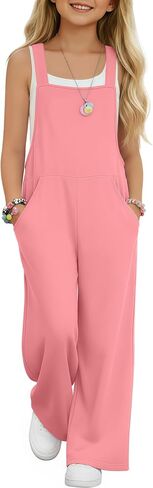 Girls Overall Jumpsuit Straight Leg Sleeveless Knit Pants for 5-14 Years Kids Casual Basic Rompers with Pockets in Saudi Arabia
