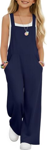Girls Overall Jumpsuit Straight Leg Sleeveless Knit Pants for 5-14 Years Kids Casual Basic Rompers with Pockets in Saudi Arabia