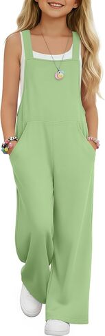 Girls Overall Jumpsuit Straight Leg Sleeveless Knit Pants for 5-14 Years Kids Casual Basic Rompers with Pockets in Saudi Arabia