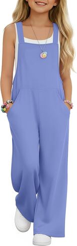 Girls Overall Jumpsuit Straight Leg Sleeveless Knit Pants for 5-14 Years Kids Casual Basic Rompers with Pockets in Saudi Arabia