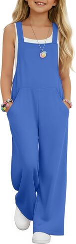 Girls Overall Jumpsuit Straight Leg Sleeveless Knit Pants for 5-14 Years Kids Casual Basic Rompers with Pockets in Saudi Arabia