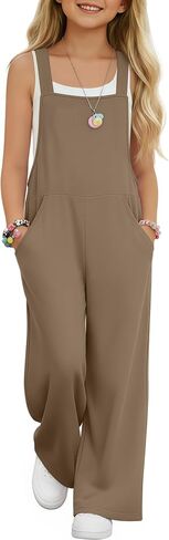 Girls Overall Jumpsuit Straight Leg Sleeveless Knit Pants for 5-14 Years Kids Casual Basic Rompers with Pockets in Saudi Arabia